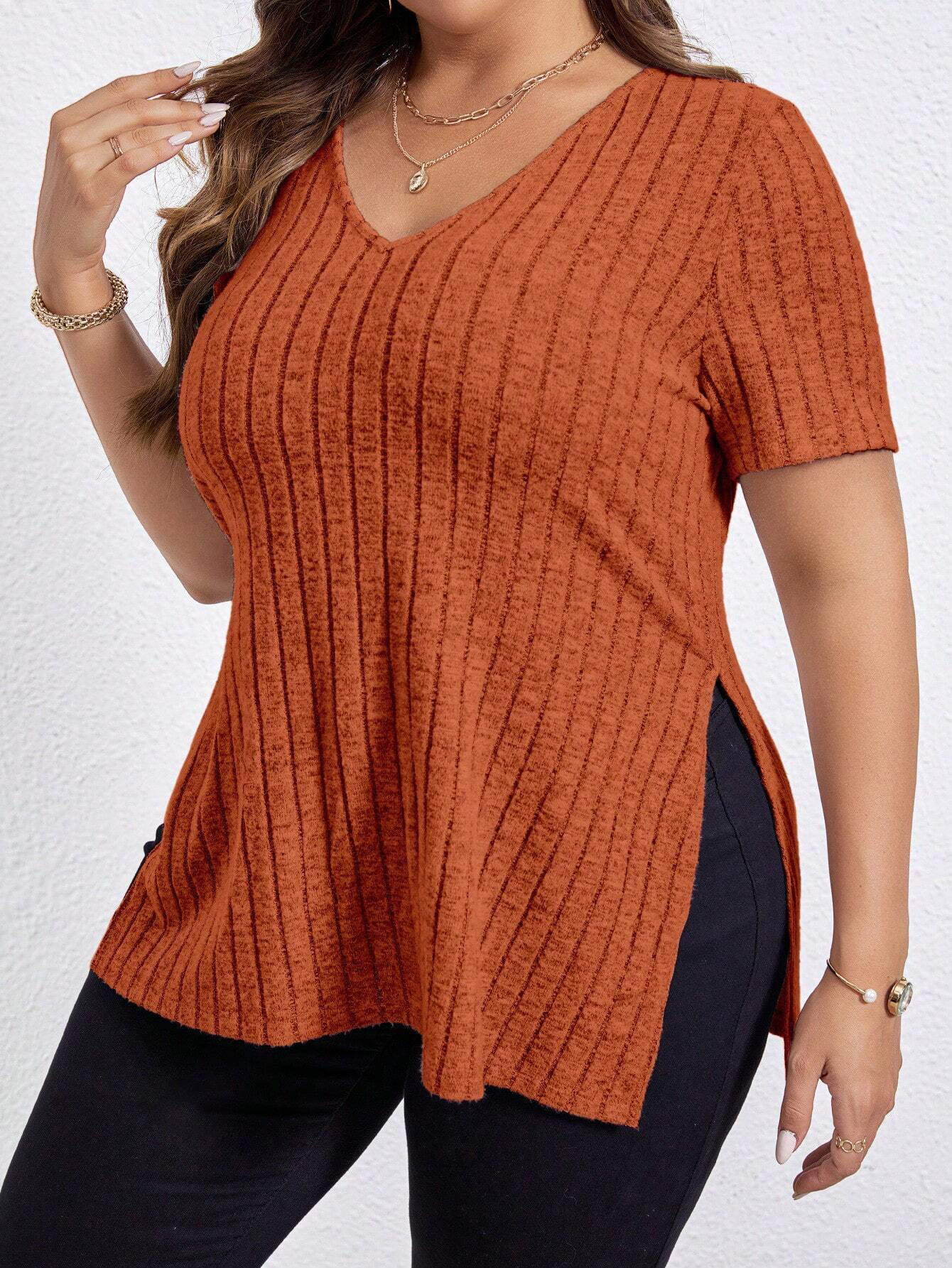 Women's Plus Size Ribbed V-Neck Short Sleeve Split Hem T-Shirt