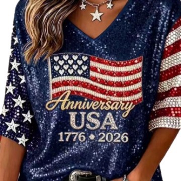 American Flag Fireworks Print V-Neck Short Sleeve T-Shirt for Women