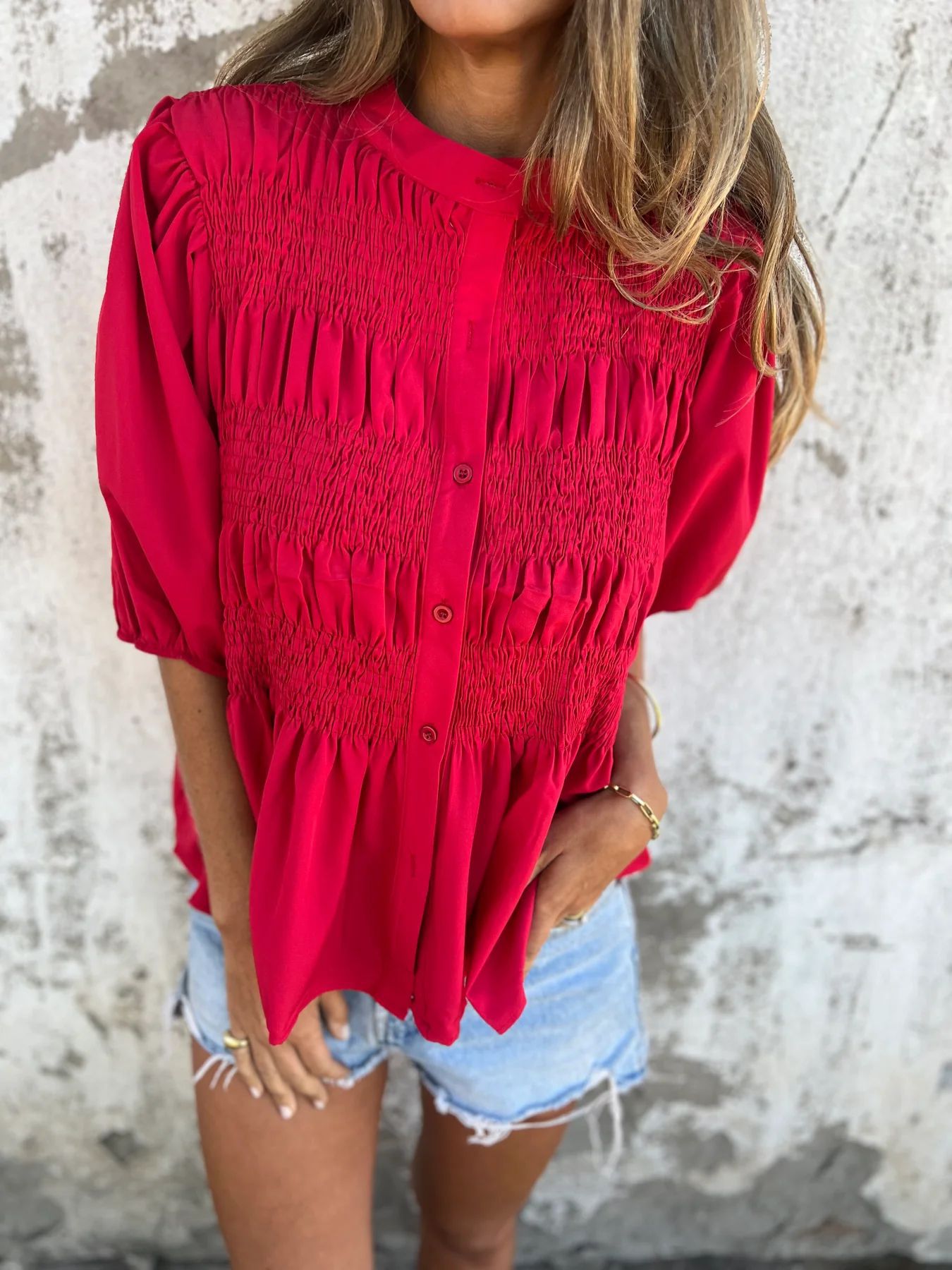 Women's Solid Crewneck Button-Down Smocked Short-Sleeve Blouse