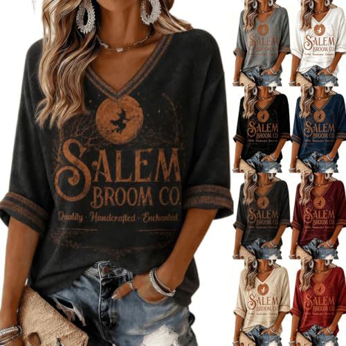 Women's Halloween Witch Letter Print V-Neck Half-Sleeve T-Shirt