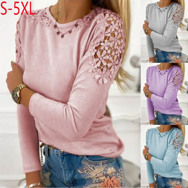 Solid Color Lace Cutout Long-Sleeve T-Shirt