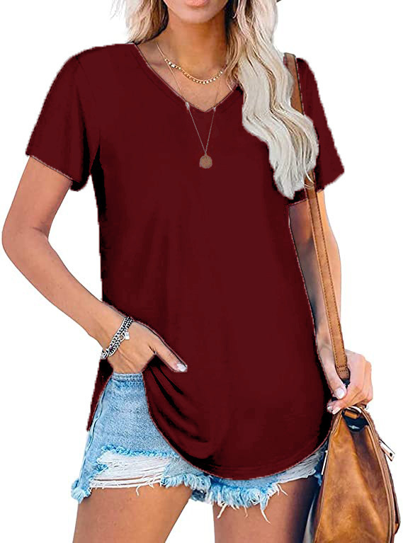 Women's V-Neck Knit Short Sleeve T-Shirt Loose Plus Size Solid Color Top