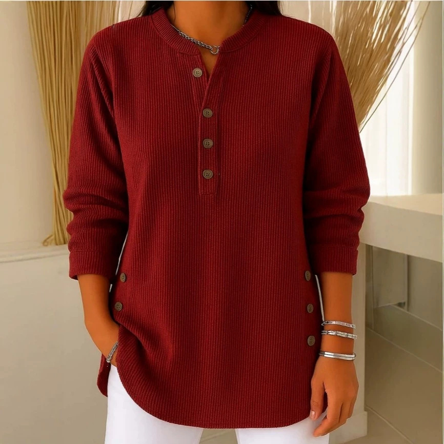 Corduroy V-Neck Button Long-Sleeve Loose Casual Top