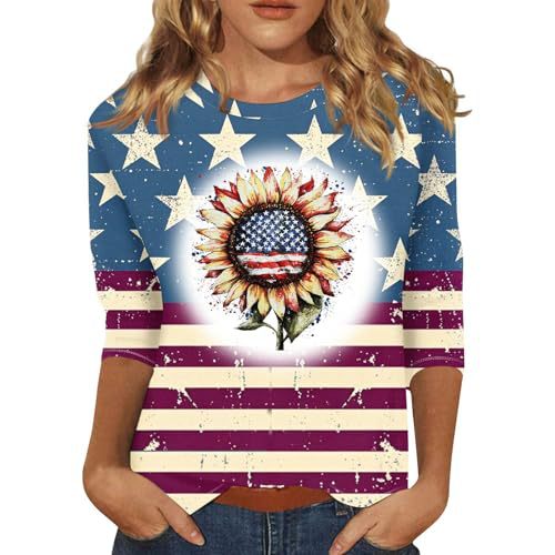 Summer American Flag Print Crewneck Short Sleeve Top