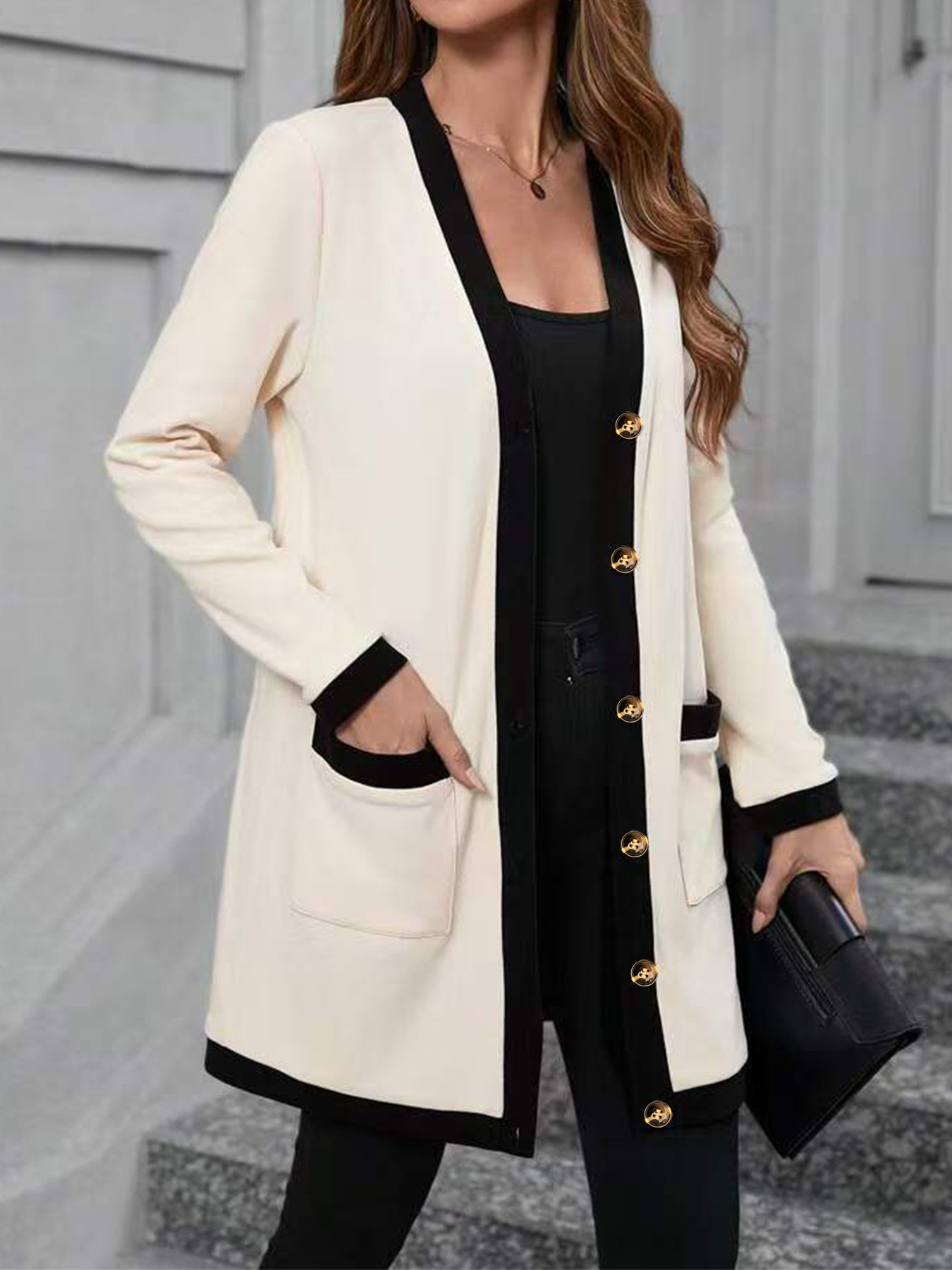 Colorblock Trim Knit Cardigan Women Open Front Midi Pocket Long Sleeve Plus Size