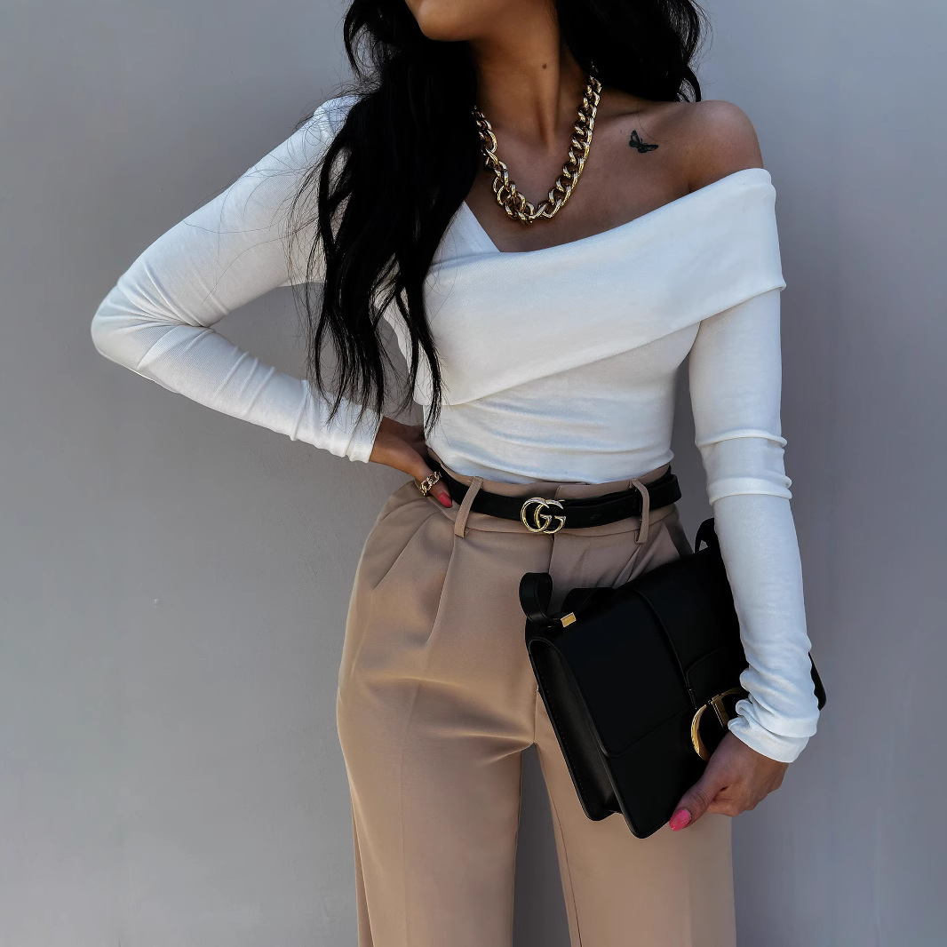 Women's Off-Shoulder Long-Sleeve Solid Color Slim Fit T-Shirt