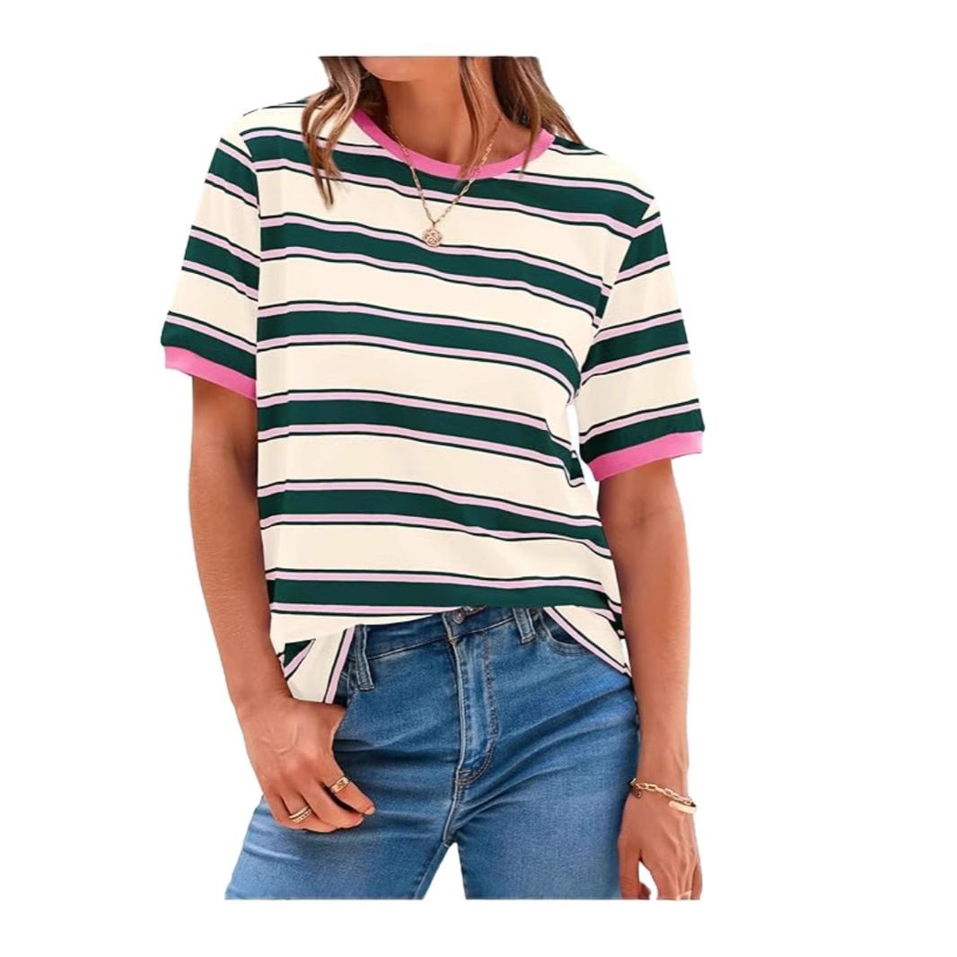 Color-Block Striped Crewneck Loose Casual T-Shirt
