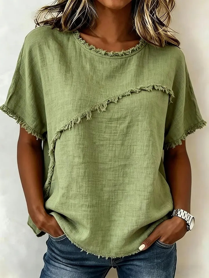 Women's Round Neck Loose Short Sleeve Paneled Top