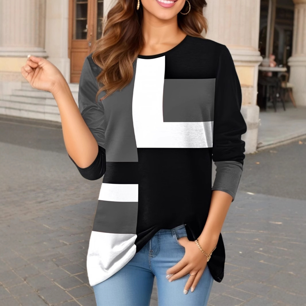 Geometric Color-Block Long-Sleeve T-Shirt