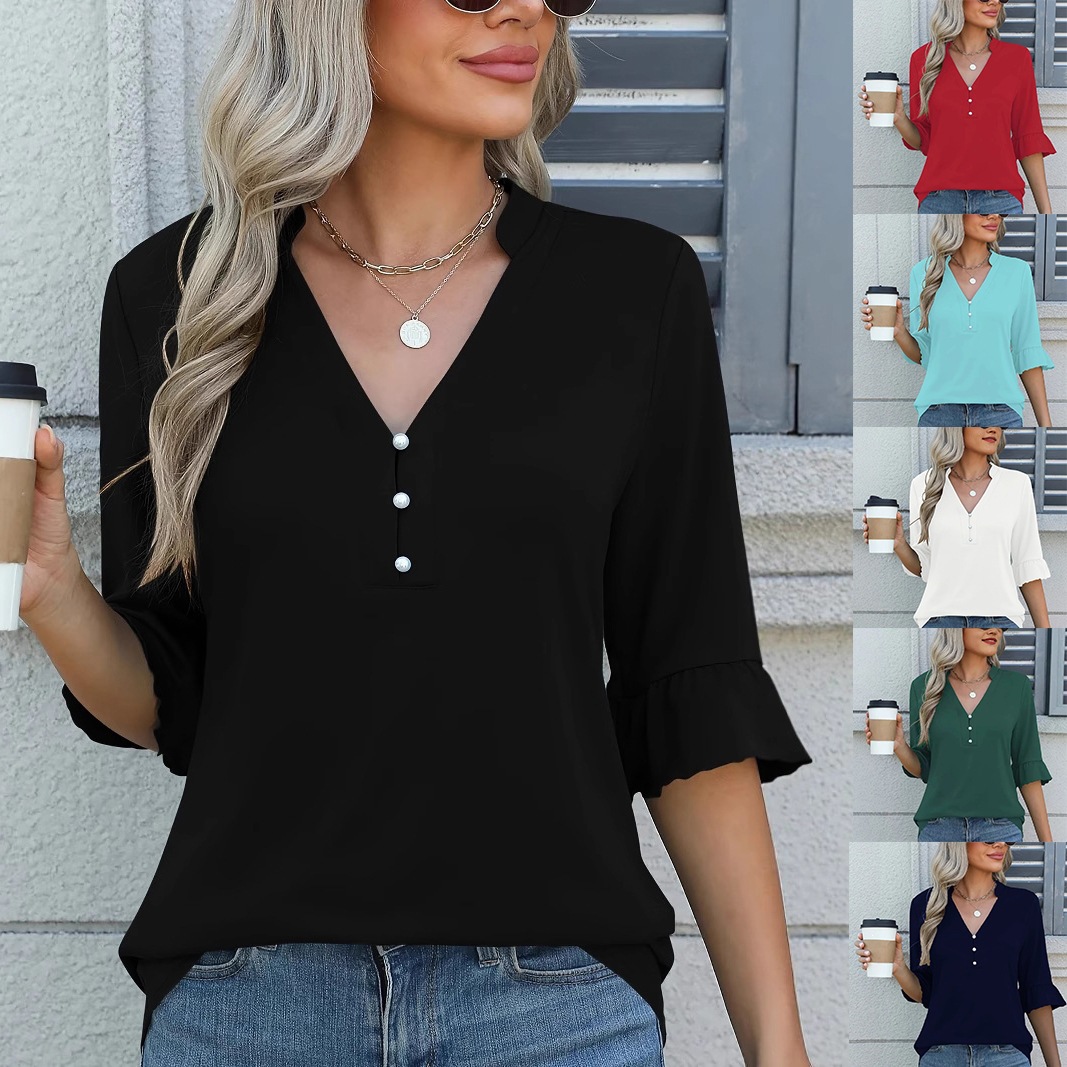 Women's Solid Color V-Neck Mid-Sleeve T-Shirt Top
