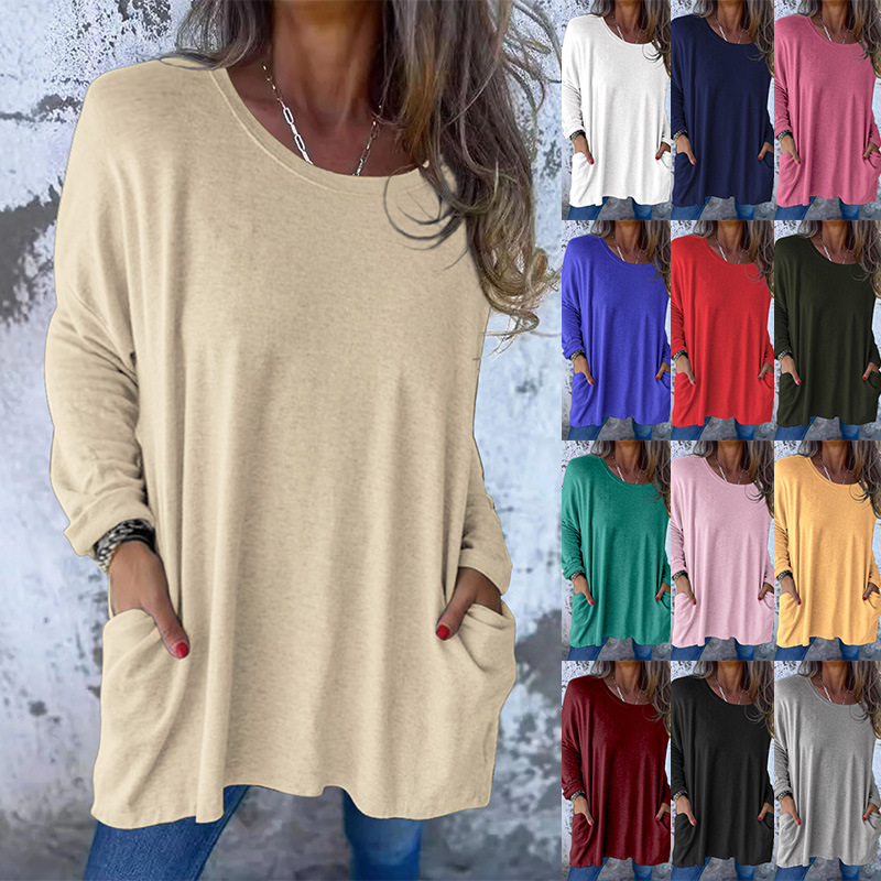 Women's Crewneck Long Sleeve Loose Fit Pocket Solid Color T-Shirt