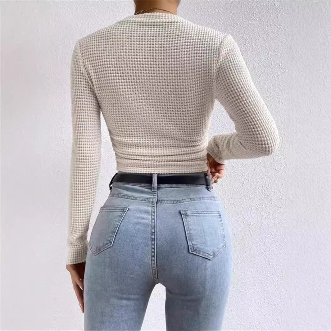 Women's Slim Fit Plaid Round Neck Ruched Long Sleeve Top