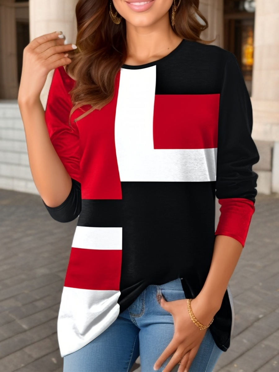 Geometric Color-Block Long-Sleeve T-Shirt