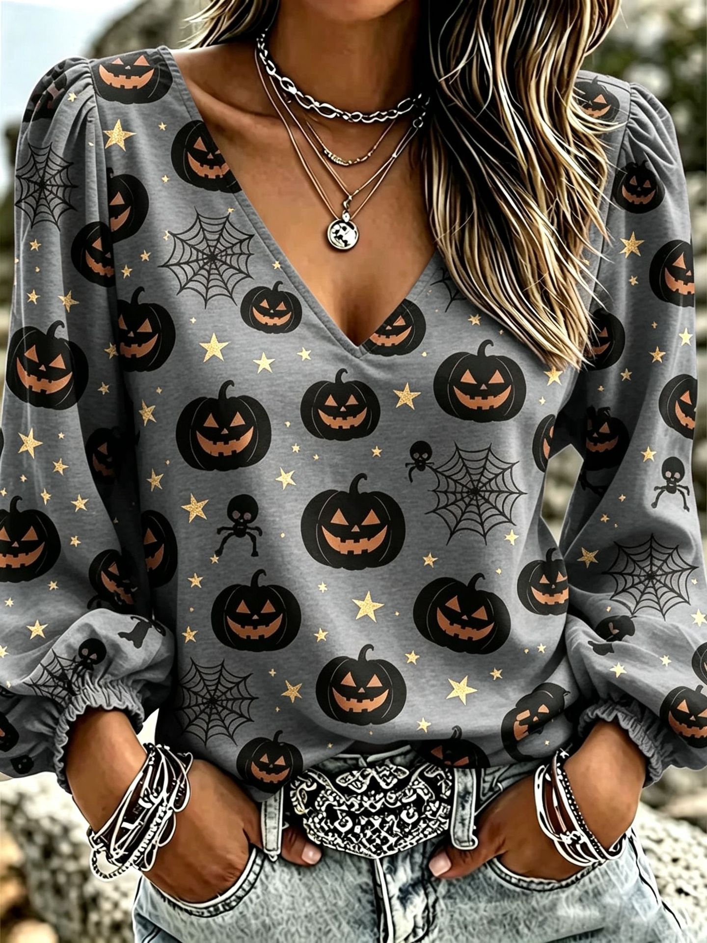 Halloween Pumpkin Ghost Print V-Neck Long Sleeve Women's T-Shirt