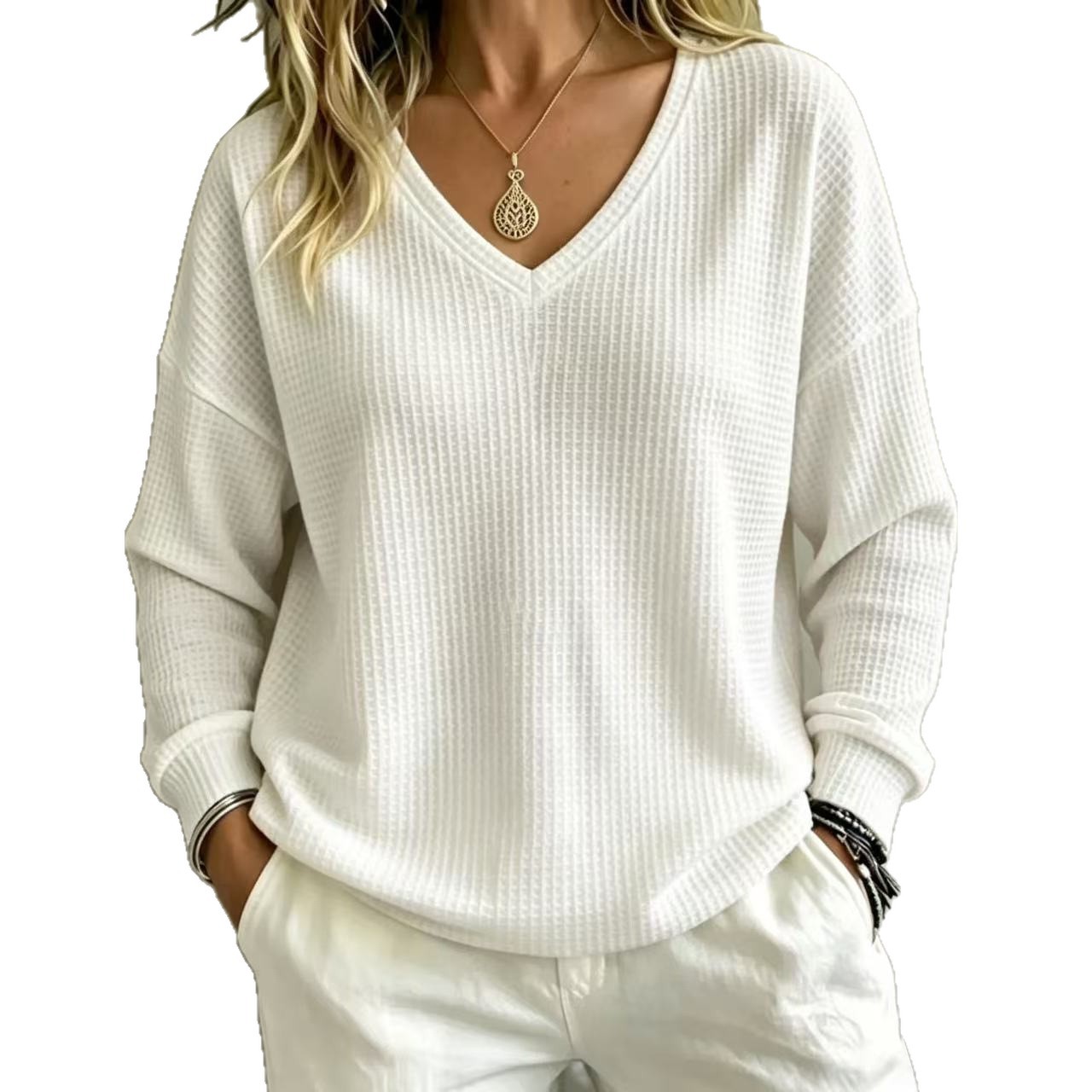 Women's Waffle Knit V-Neck Pullover Loose Casual Top