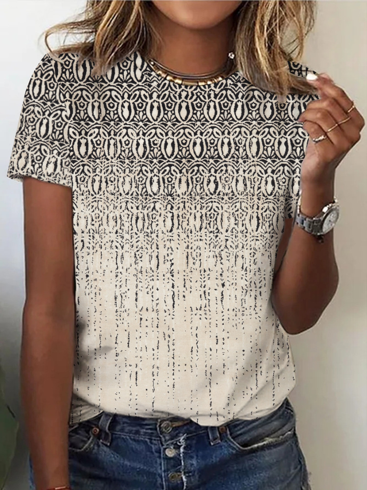 Women's Casual Crewneck Short Sleeve Digital Print T-Shirt