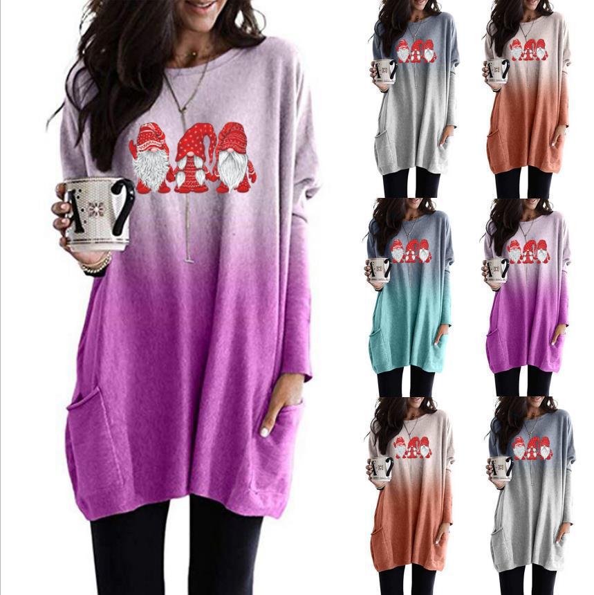 Christmas Santa Print Long Sleeve Round Neck T-Shirt Dress with Pockets