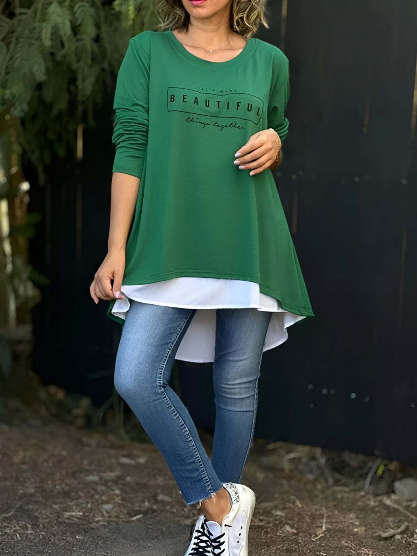 Women's Round Neck Faux Two-Piece Back Button Letter Long Sleeve Top