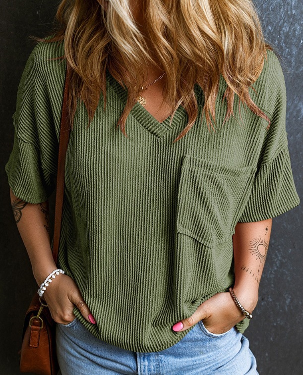 Two-Tone Twist Short Sleeve V-Neck Top
