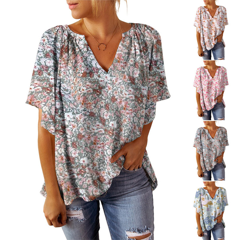 V-Neck Floral Print Short Sleeve Top