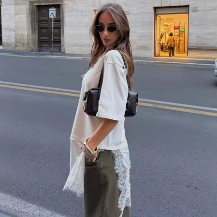 Women's Summer Lace Hem Splice T-Shirt
