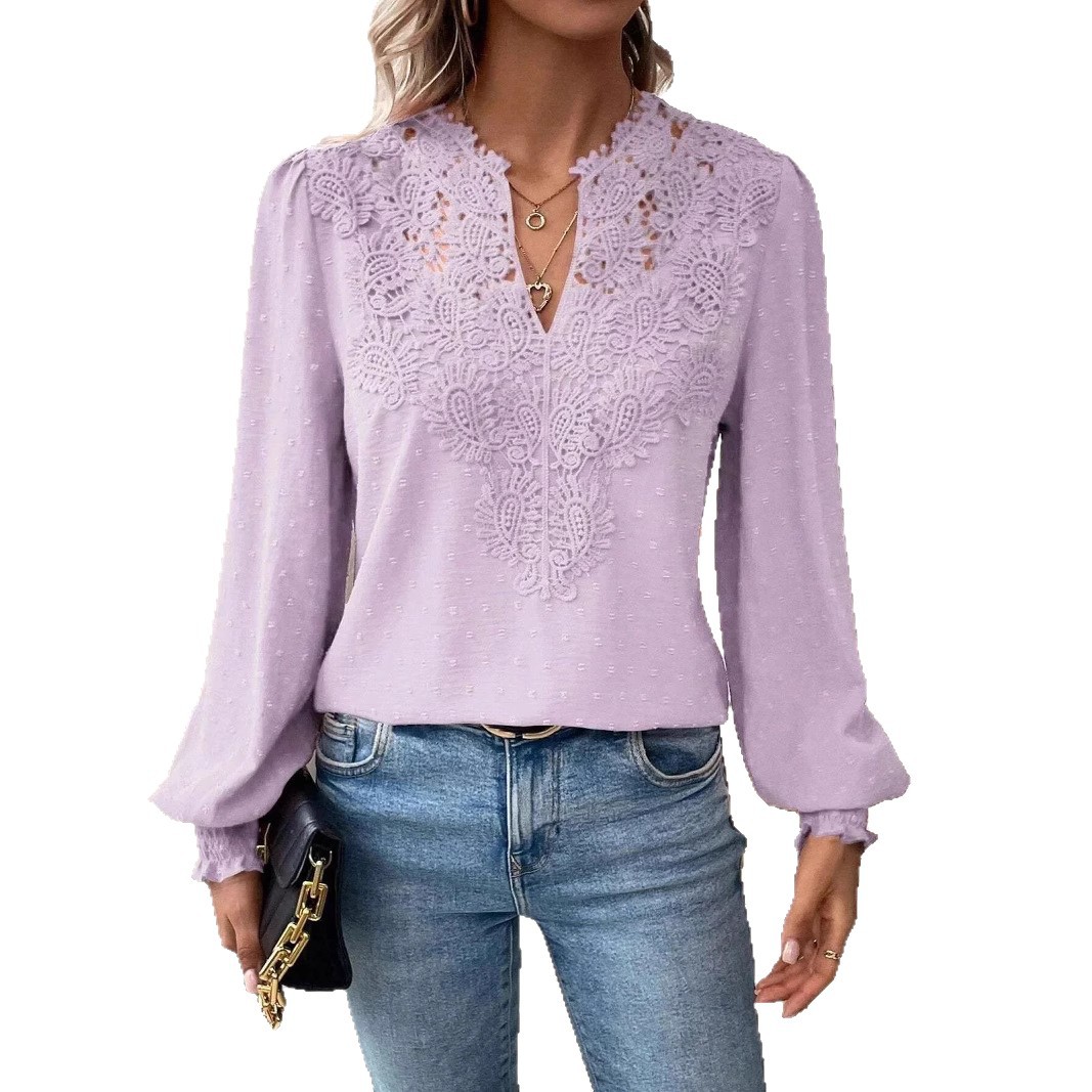Women's V-Neck Lace Long Sleeve Casual Top