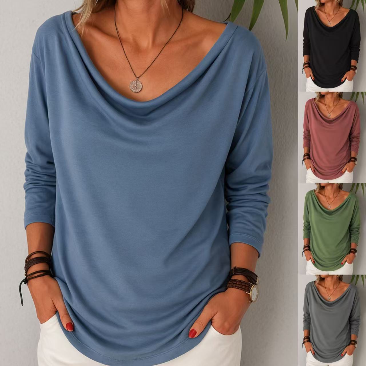 Women's Casual Loose Long Sleeve Solid Color Cowl Neck Pullover T-Shirt