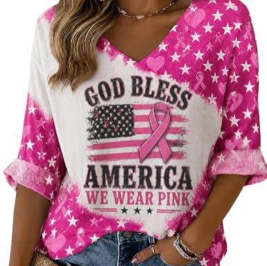 Ribbon Star Print V-Neck Half-Sleeve Women's T-Shirt