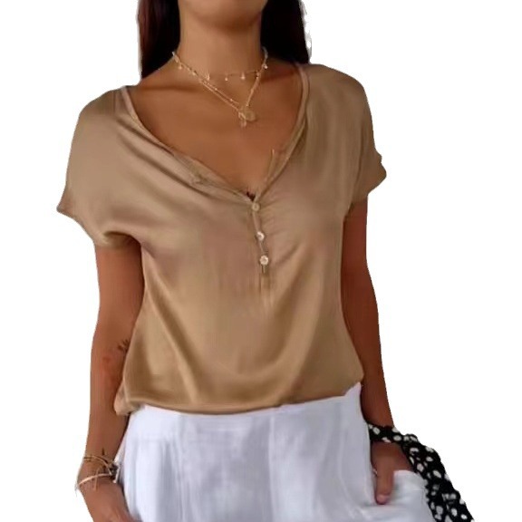 Women's Loose Casual Short Sleeve V-Neck Houndstooth Top