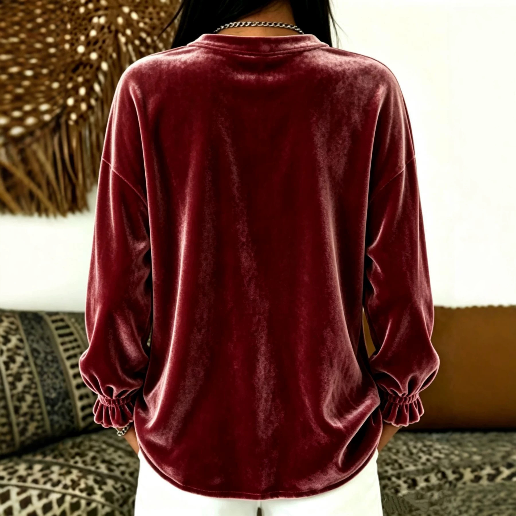 Women's V-Neck Button Velvet Long-Sleeve Loose Casual Top