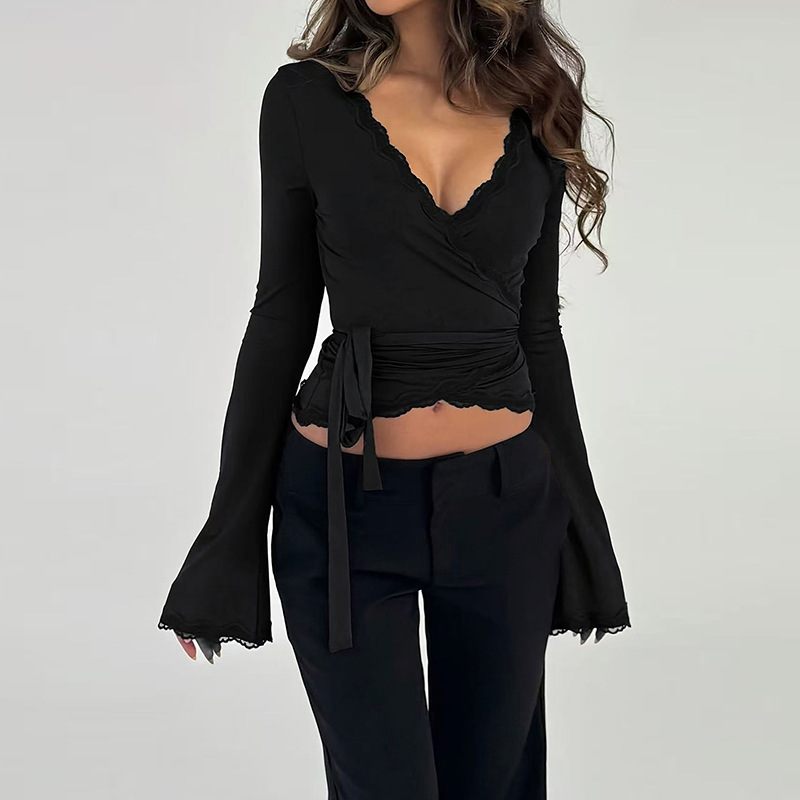 Women's Long Sleeve Lace Trim Tie V-Neck Crop Top Solid