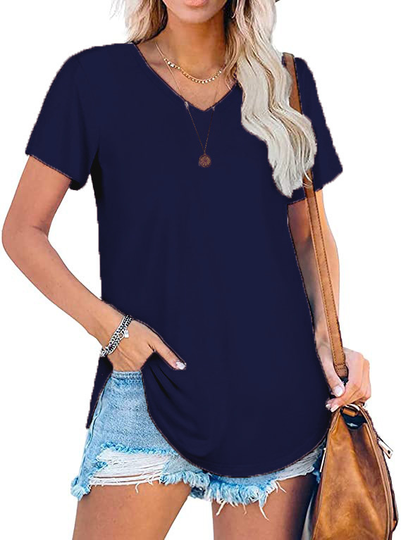 Women's V-Neck Knit Short Sleeve T-Shirt Loose Plus Size Solid Color Top