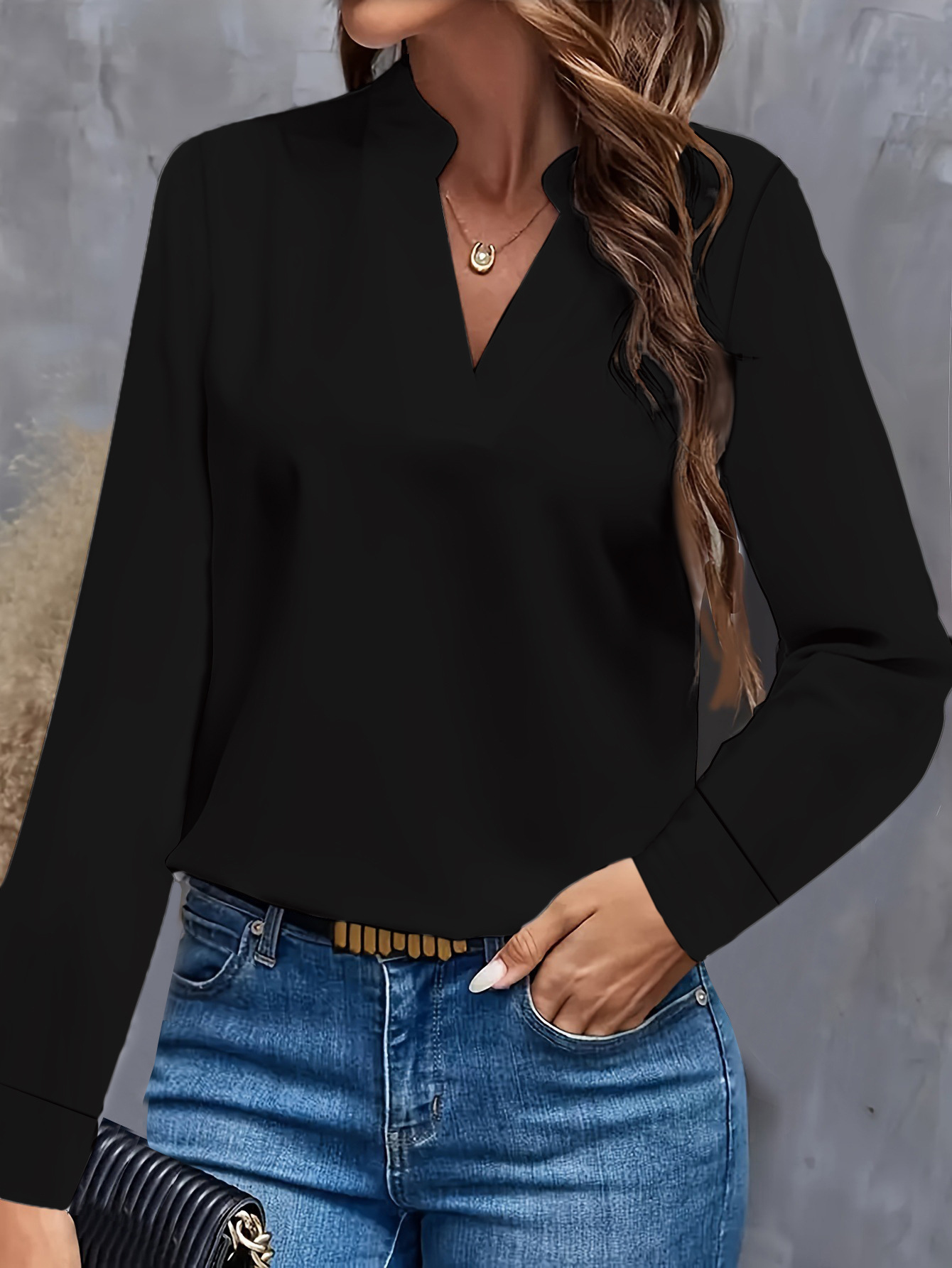 Women's Solid V-Neck Loose Casual Shirt Top
