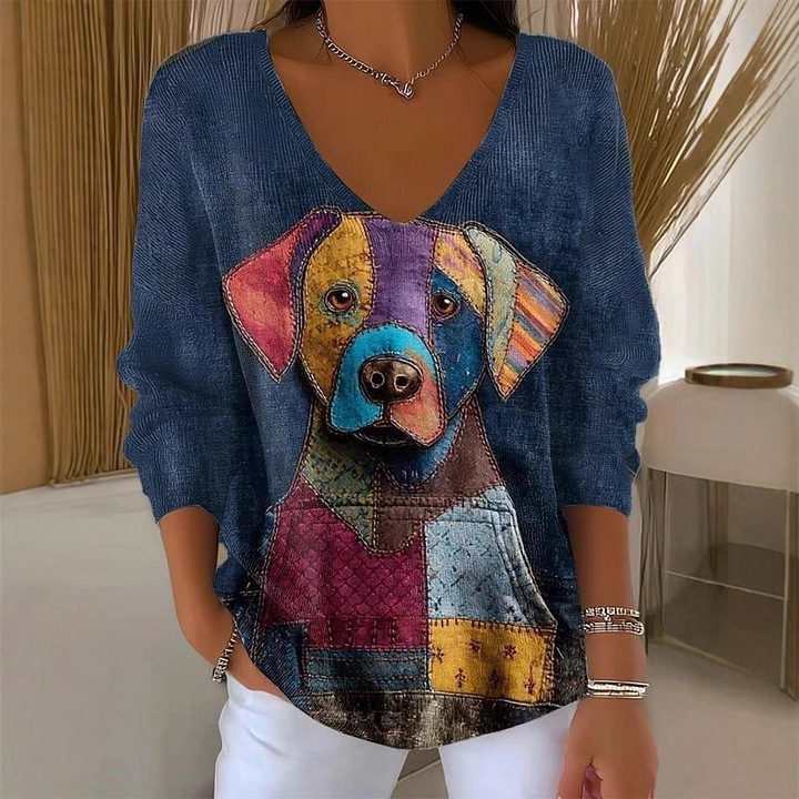 Cute Cartoon Puppy Print V-Neck Long-Sleeve Women's T-Shirt
