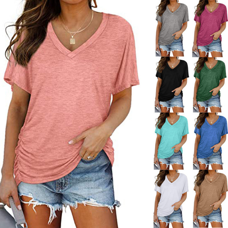 Solid Color Batwing Sleeve V-Neck Side Ruched Short Sleeve T-Shirt