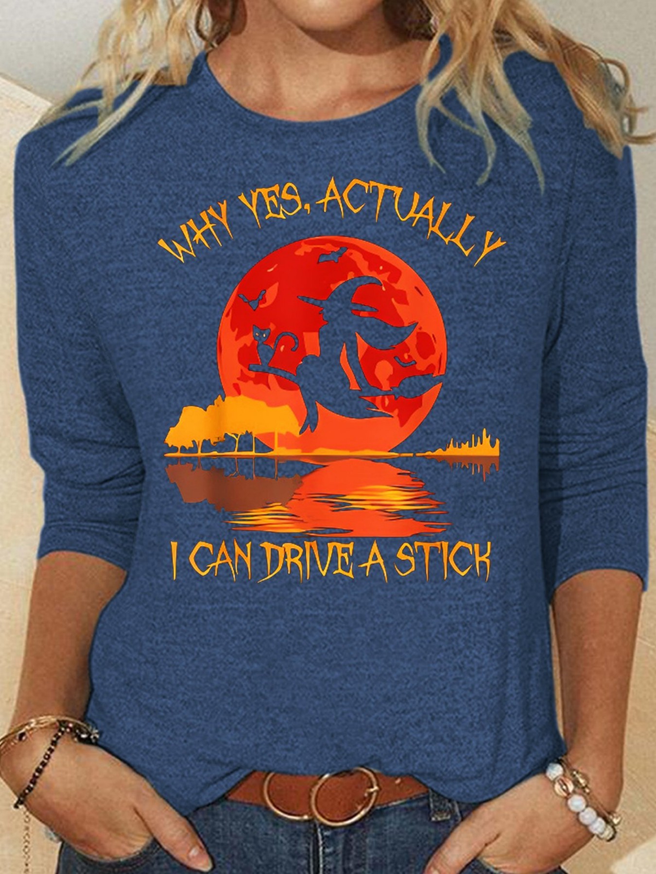 Halloween Witch Letter Print Crewneck Mid-Sleeve Top