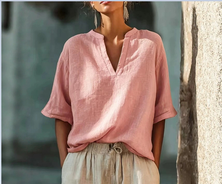 Women's Solid V-Neck Three-Quarter Sleeve Cotton-Linen Top