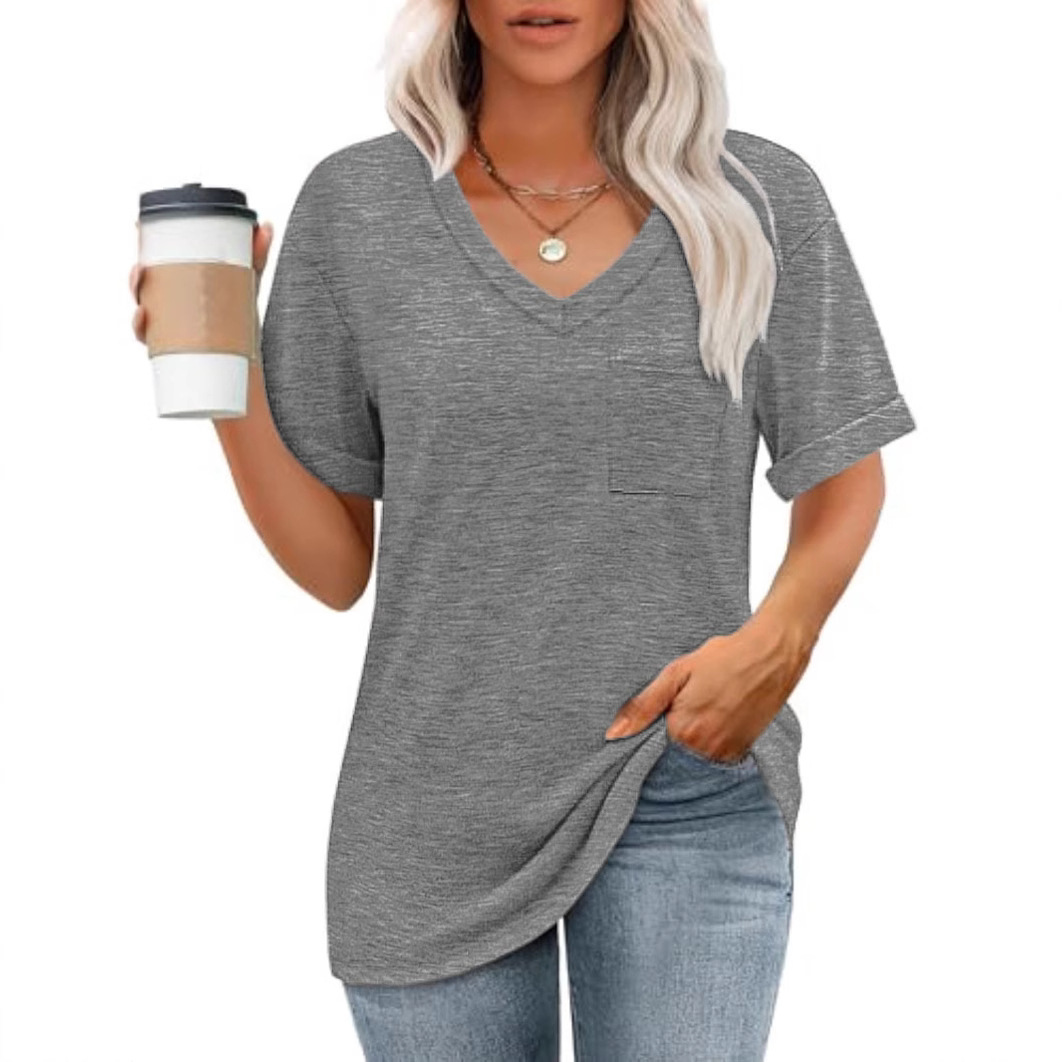 Women's Loose V-Neck Short Sleeve Pocket Solid T-Shirt