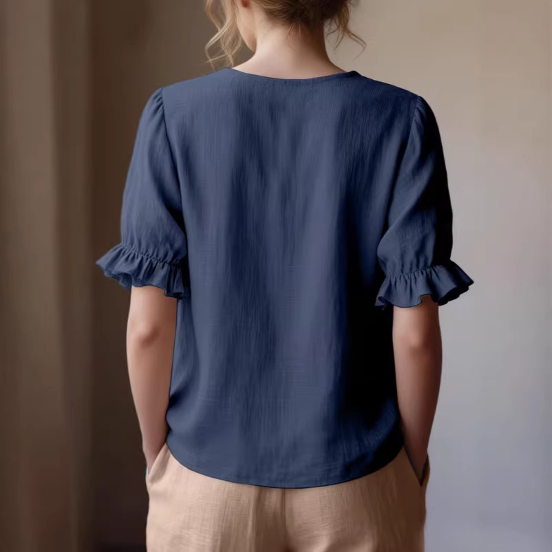 Women's Solid Ruffle Trim Puff Sleeve Knit Top French Elegant Blouse