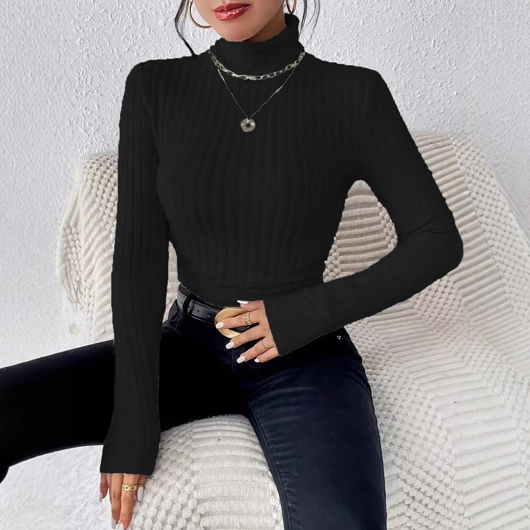 Women's High Neck Ribbed Knit Long Sleeve Top