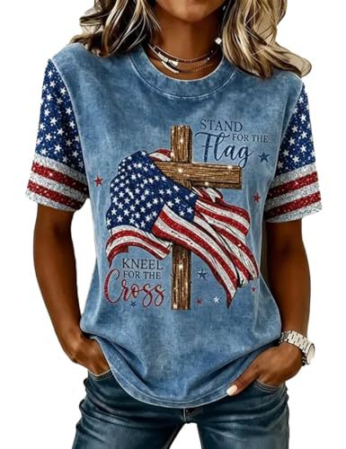 Summer Cross American Print Crewneck Short Sleeve Women's Top