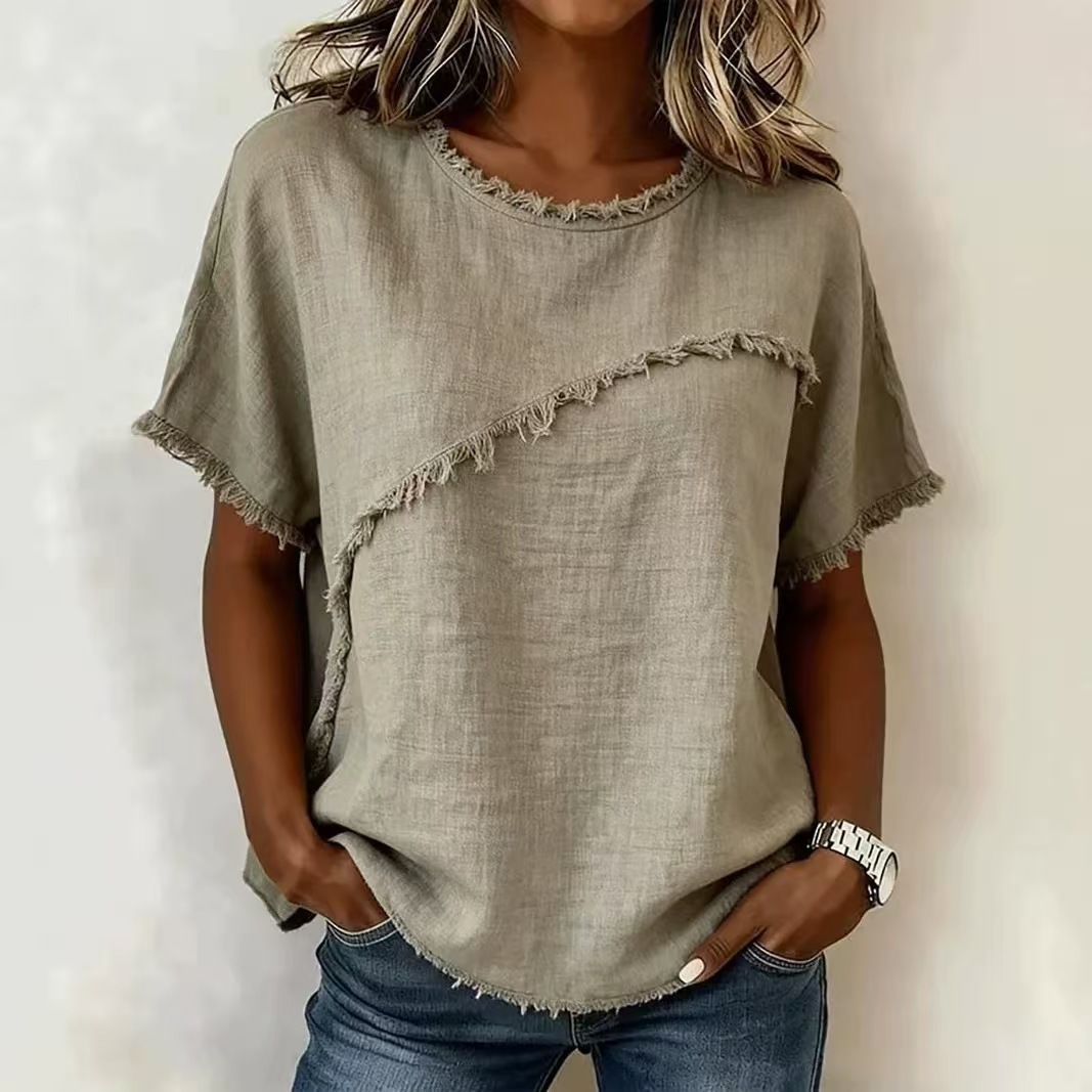 Women's Crewneck Short Sleeve Fringe Spliced Shirt