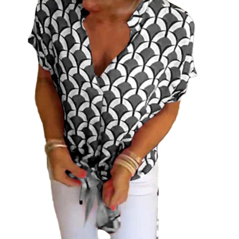 Elegant Printed V-Neck Short Sleeve Top