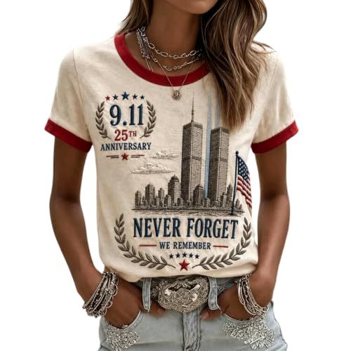 911 Twin Towers Ribbon Flag Print Short Sleeve T-Shirt