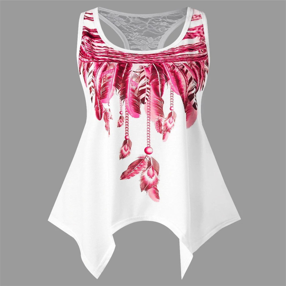 Feather Print Lace Sleeveless Crew Neck T-Shirt
