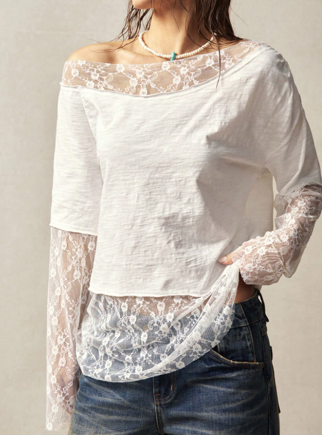 Bohemian One-Shoulder Long-Sleeve Lace-Cuff T-Shirt