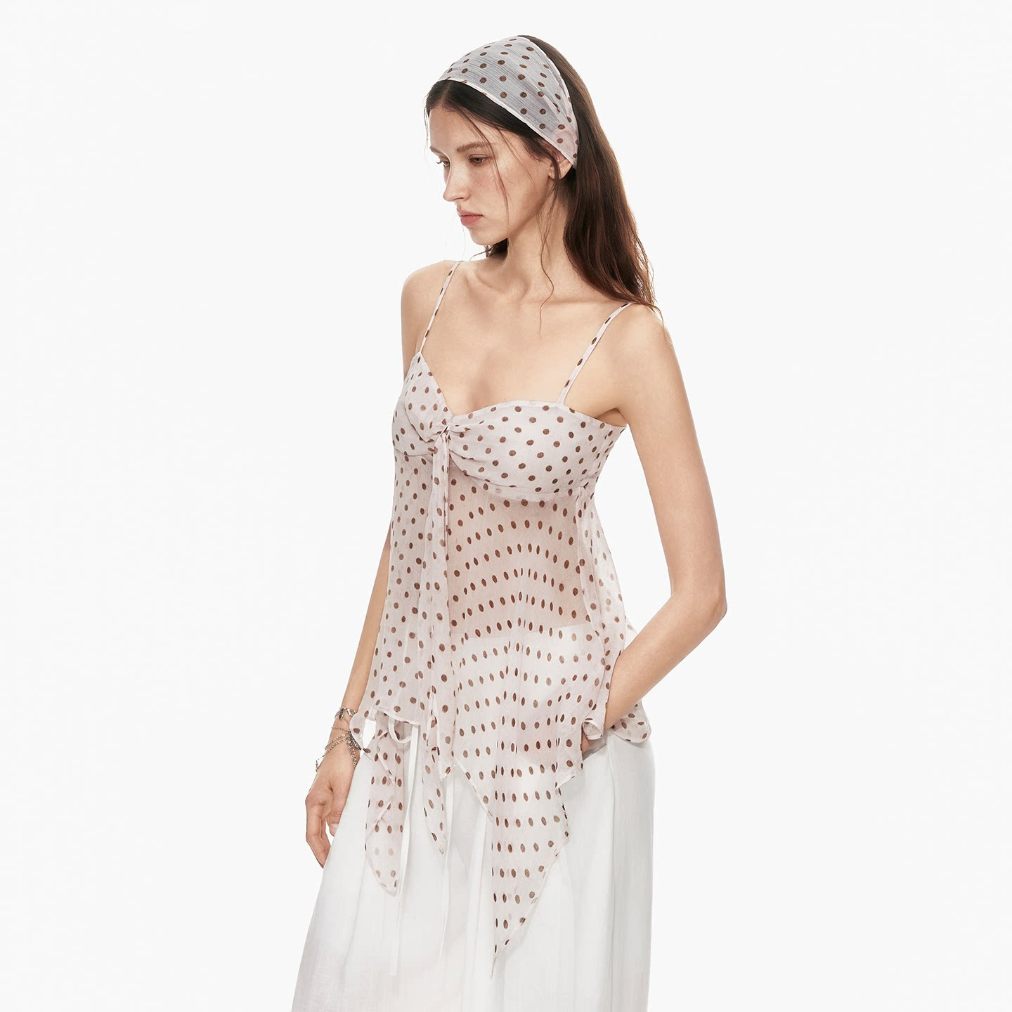 Polka Dot Cami Top Short Off-Shoulder Open-Back Asymmetrical Hem