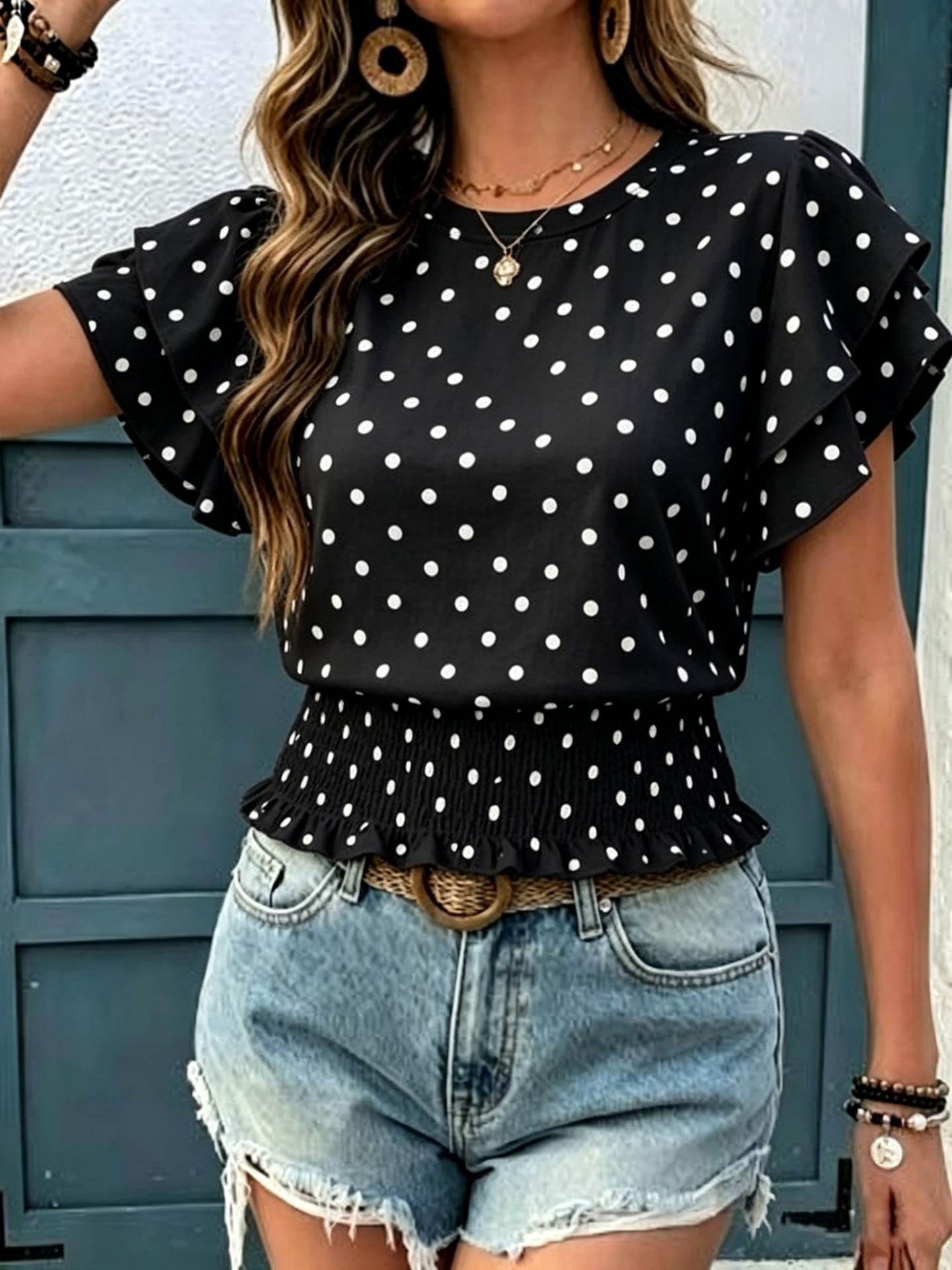Polka Dot Print Ruched Short Sleeve Crew Neck T-Shirt