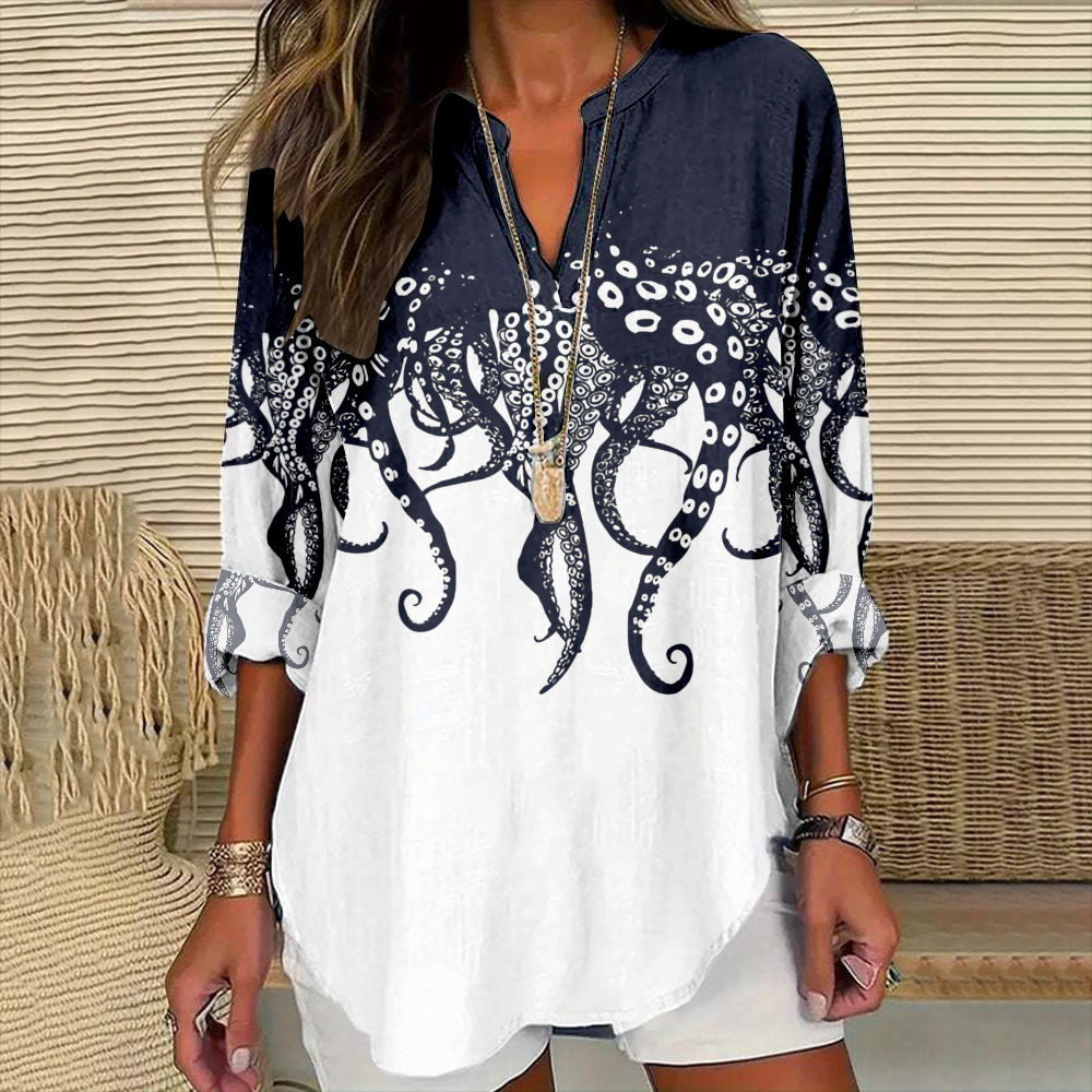 Floral Print V-Neck Long Sleeve T-Shirt for Women