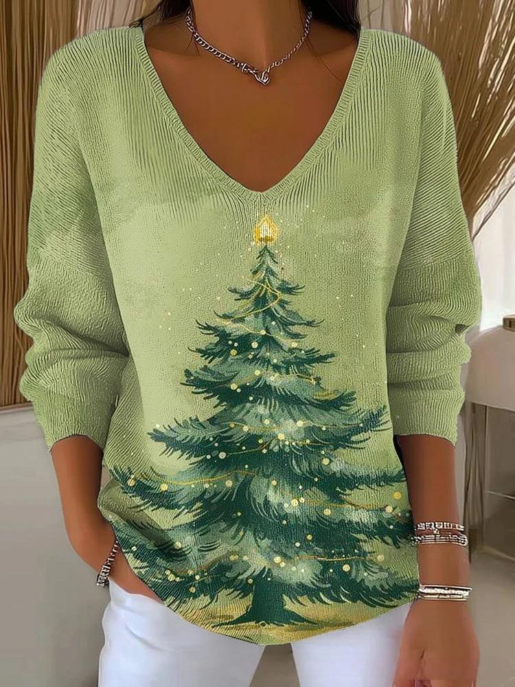 Halloween Plant & Tree Print V-Neck Long-Sleeve T-Shirt for Women